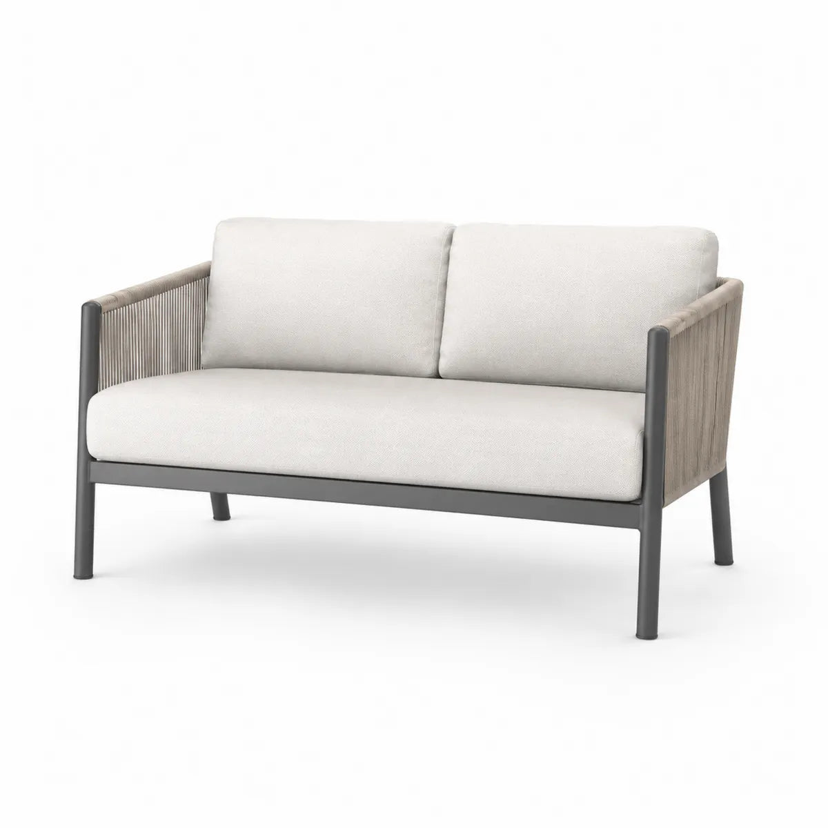 Sofa aluminiowa kremowa z liną i tkaniną, 2-osobowa, 140x75x70 cm