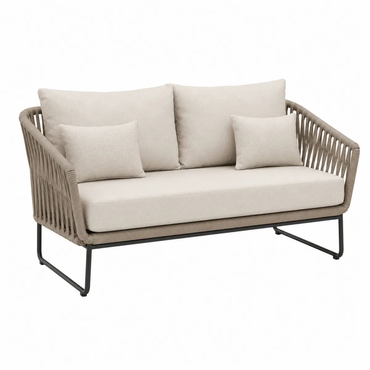 Sofa dwuosobowa z tkaniny i liny z poduszkami, beżowa
