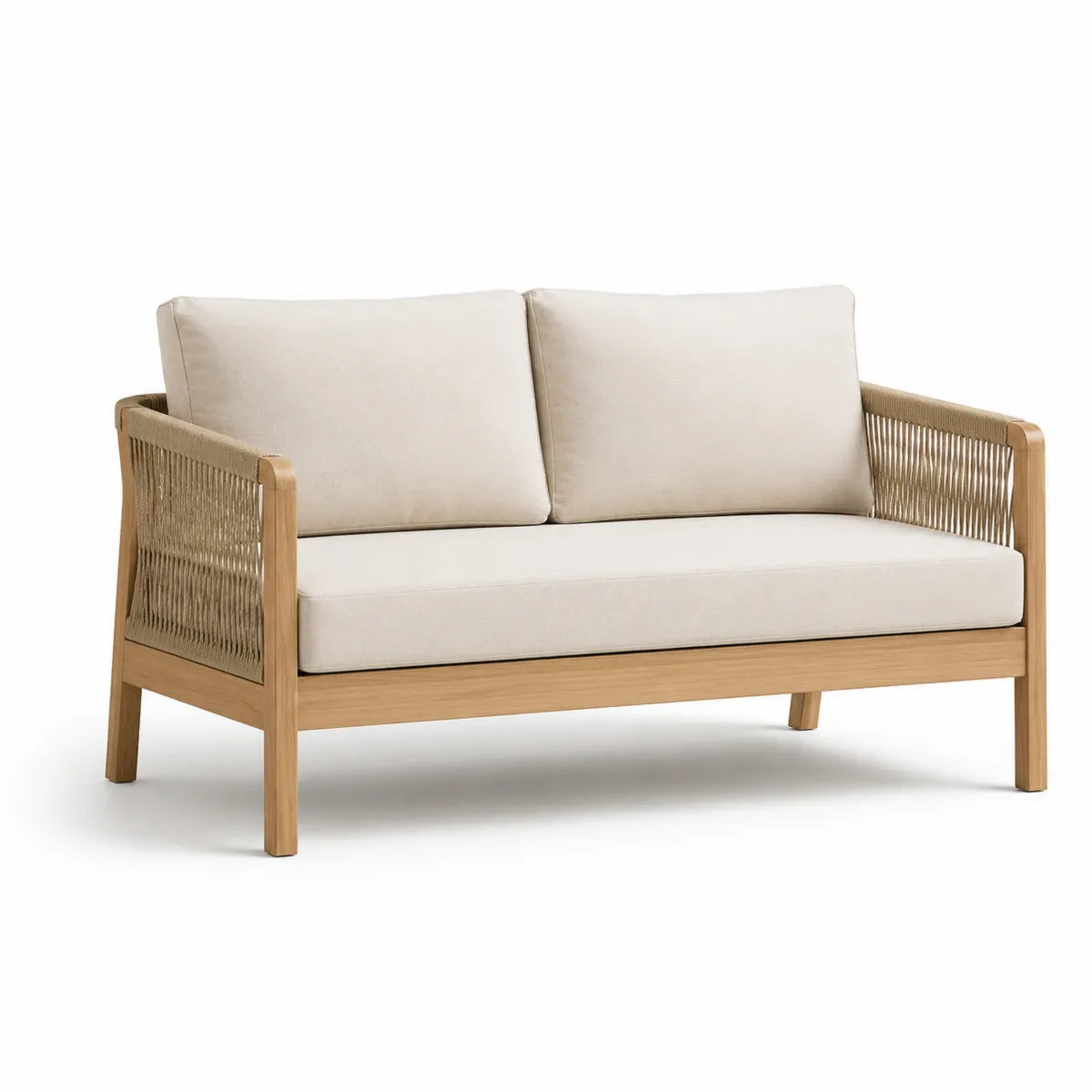Beżowa sofa dwuosobowa z drewna teak i tkanin
