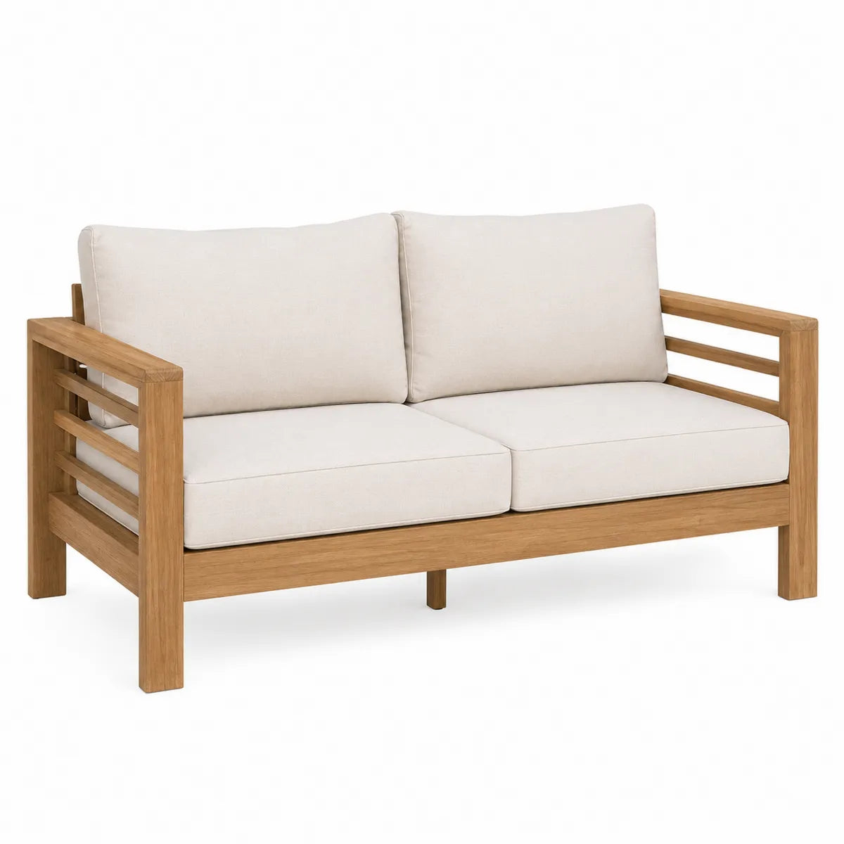 Dwuosobowa sofa drewniana z poduszkami z poliestru, beżowa, 140x78x80 cm
