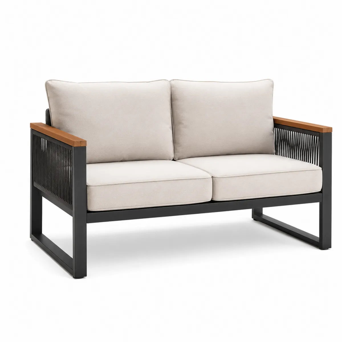 Dwuosobowa sofa z metalu i drewna z kremowymi poduszkami