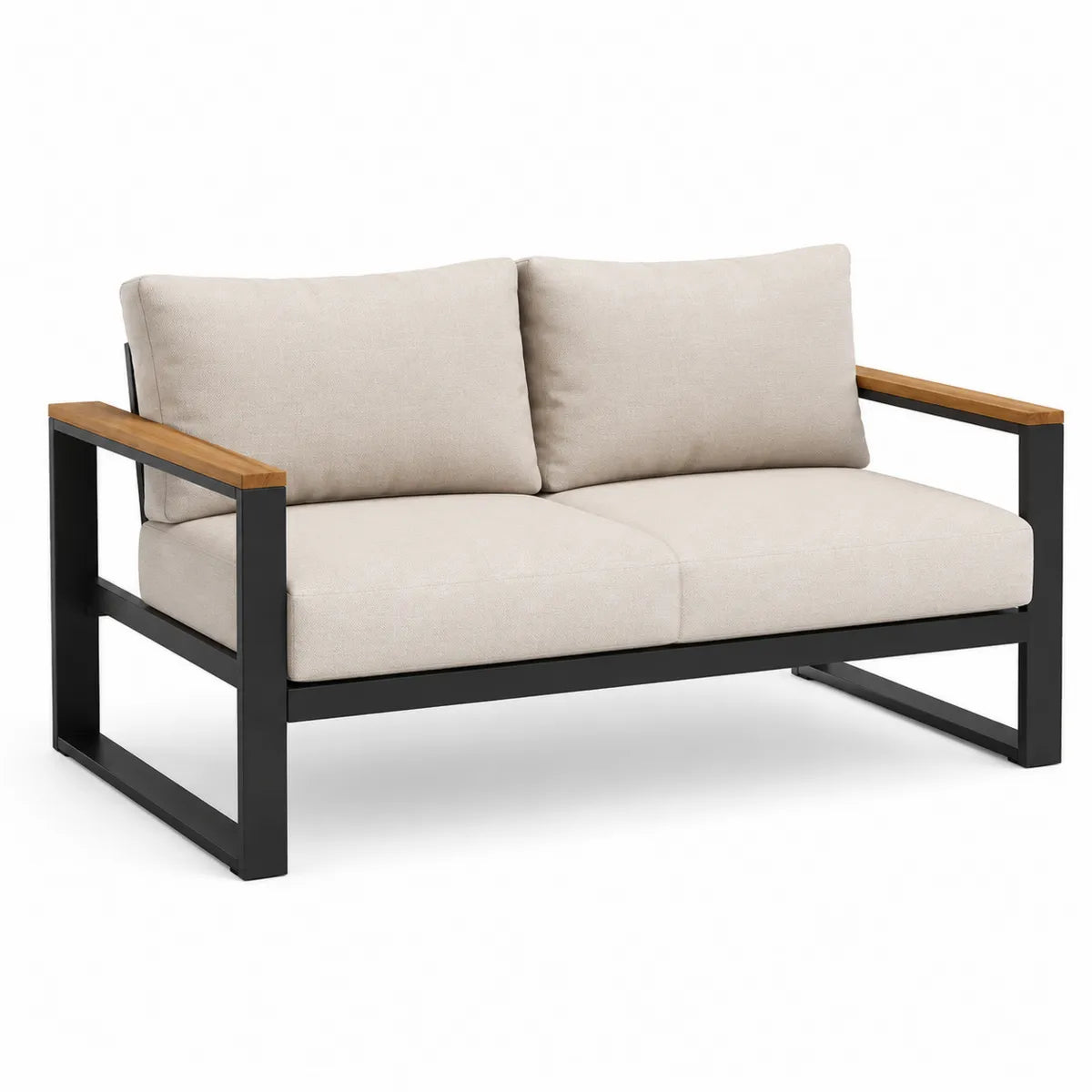Sofa ogrodowa z dwoma miejscami, stalowa, beżowa z drewnianymi podłokietnikami