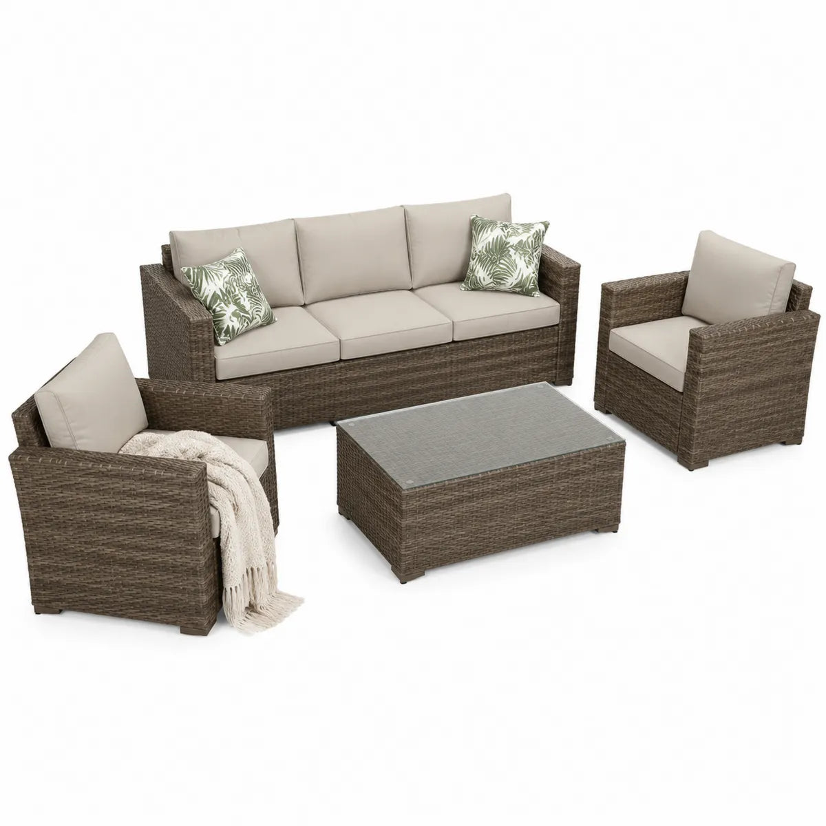 Zestaw rattanowy mebli outdoor z sofą, fotelami i stolikiem, brązowy/beżowy