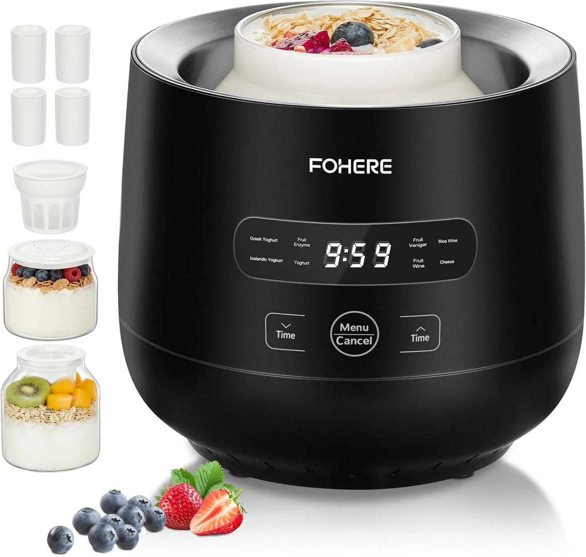 FOHERE, BezBPA- ekran LCD, do automatycznego zatrzymania, 2 XXL szklane słoiki z podwórzem 2000 ml i 1400 ml, 4 * 125 ml Ceramiczny kubek z pokrywą, 8