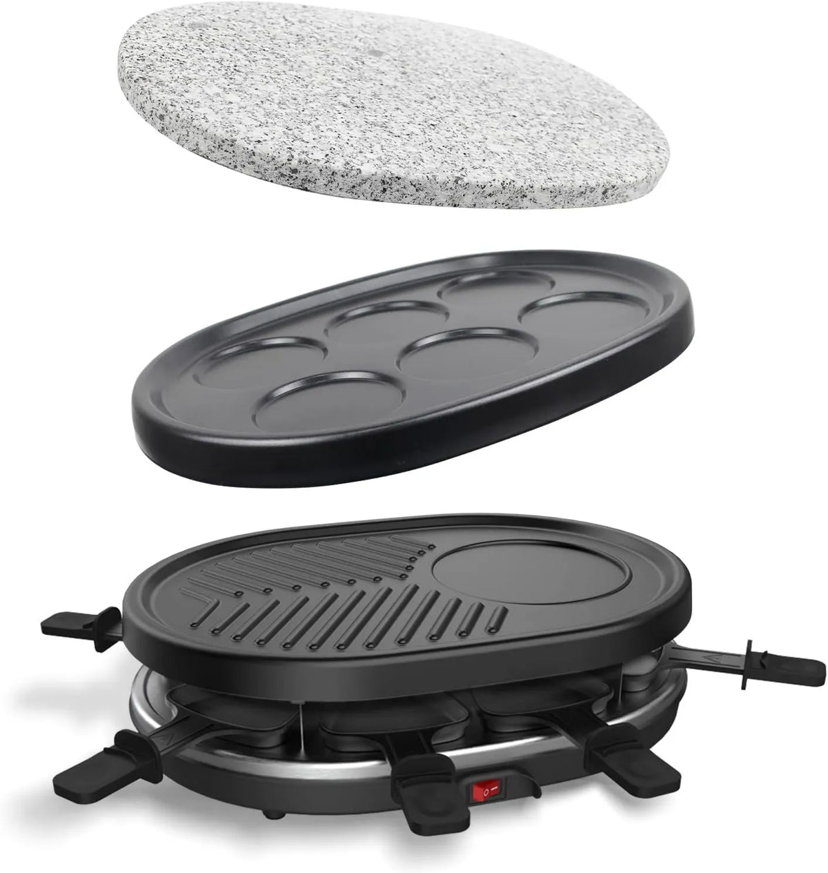 Leogreen, Zmywarka, 900 W, grill, powłoka non- stick, Raclette 4 in 1, naturalny kamienny talerz, 8 Patelni uchwytów