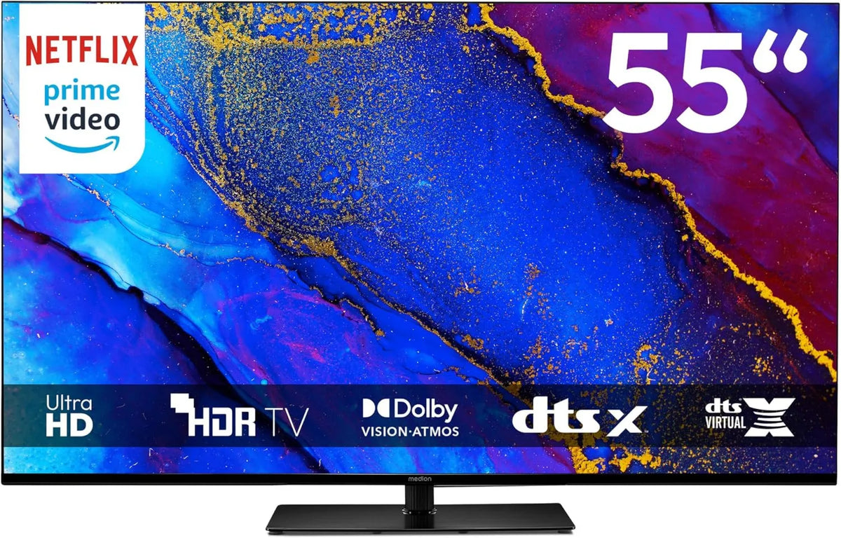 MEDION telewizor, Google Smart TV, 55 cali, TV, 4K UHD, HDR, dźwięk Dolby, Bluetooth, nagrywanie PVR, MD 855400, Dolby Atmos, 138, DTS X, 8 cm, kompatybilne