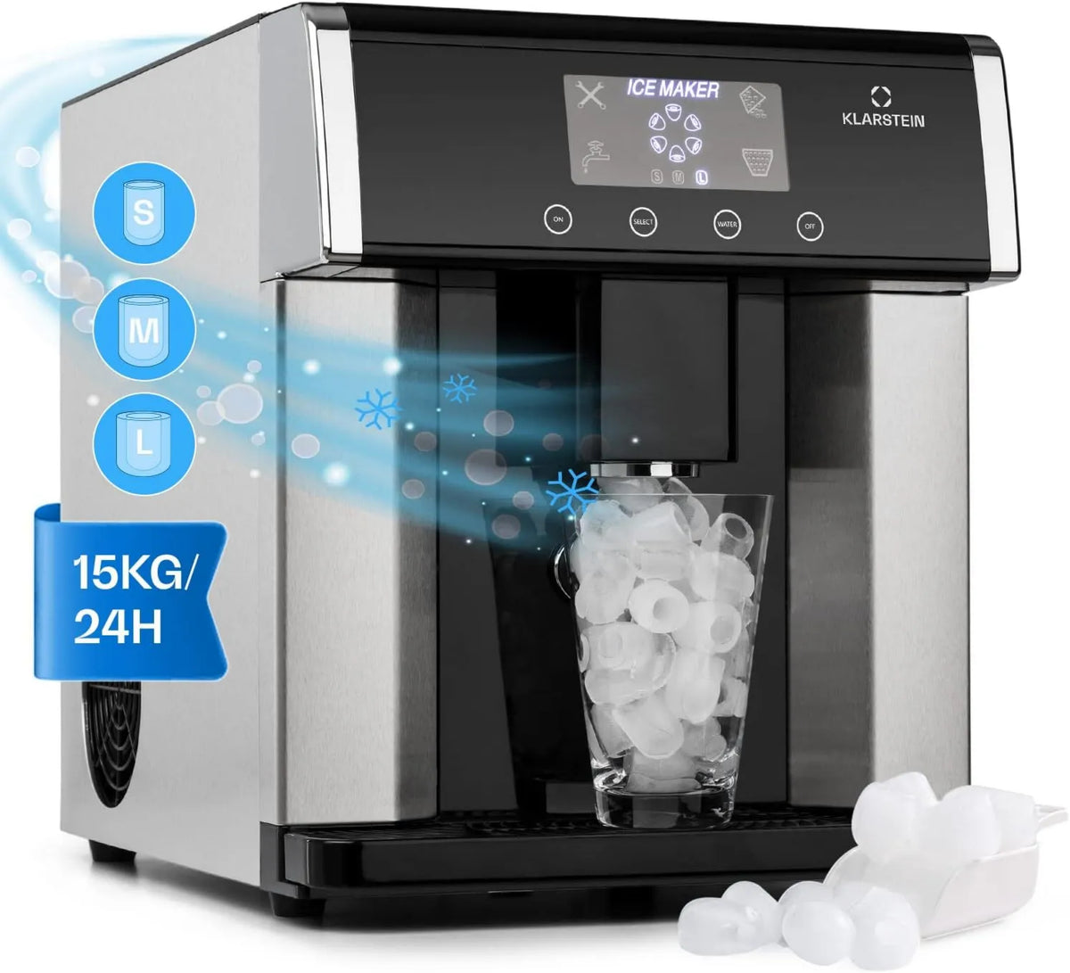 KLARSTEIN kostkarka do lodu, Icemaker, 3 l, Szybka produkcja Do 15 kg Glakonu, pojemność 3 l