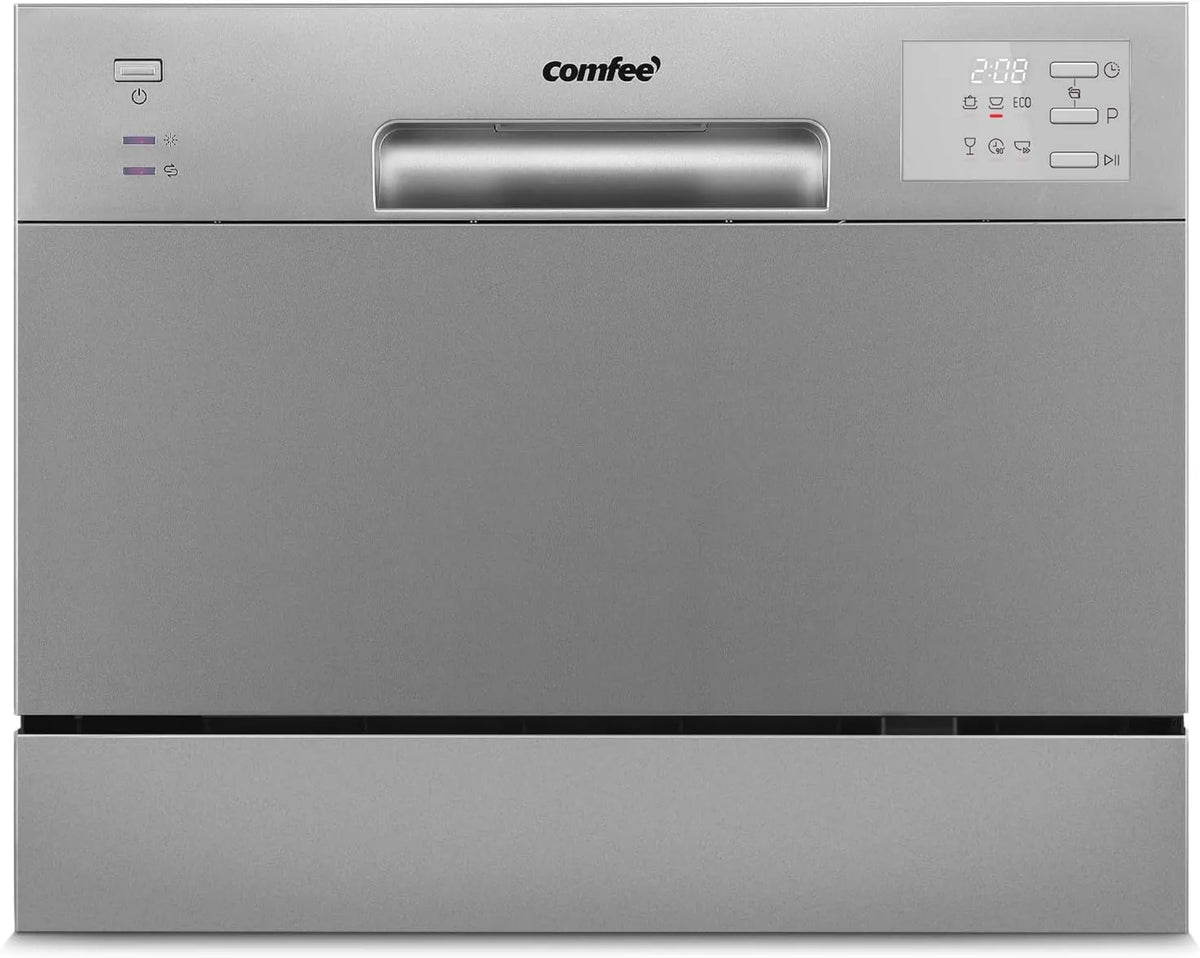 Comfee zmywarka kompaktowa, Zmywarka, 6 programów, 47 dB, 'CDWMT0602ESD- EU, srebro, Cycle H- TEMP 70°C, LED ekran, 6 sztućce, Inny start, Auto otwarcie CDWMT0602ESD-EU