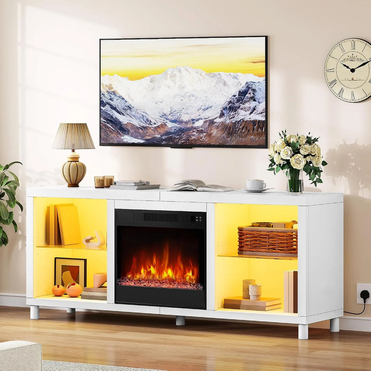 YITAHOME kominek elektryczny, Szafka TV, 65 cali, minutnik, oświetlenie LED, termostat, biały