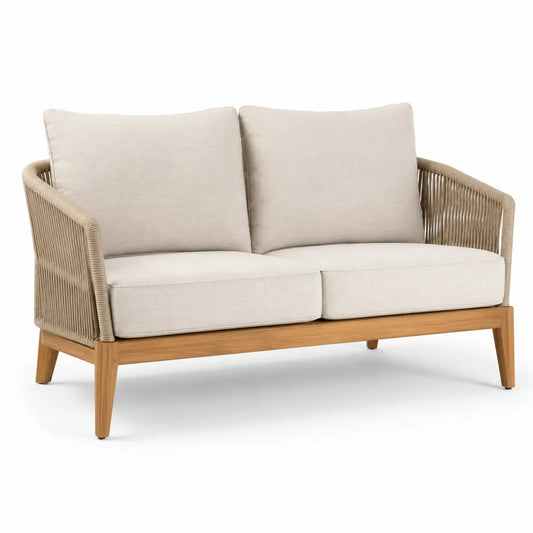 Sofa dwuosobowa z tkaniny poliestrowej z drewna teakowego, beżowa 140 x 75 x 80 cm