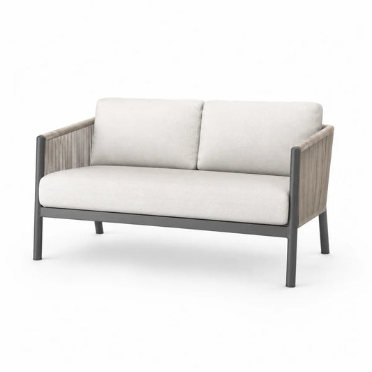 Sofa aluminiowa kremowa z liną i tkaniną, 2-osobowa, 140x75x70 cm