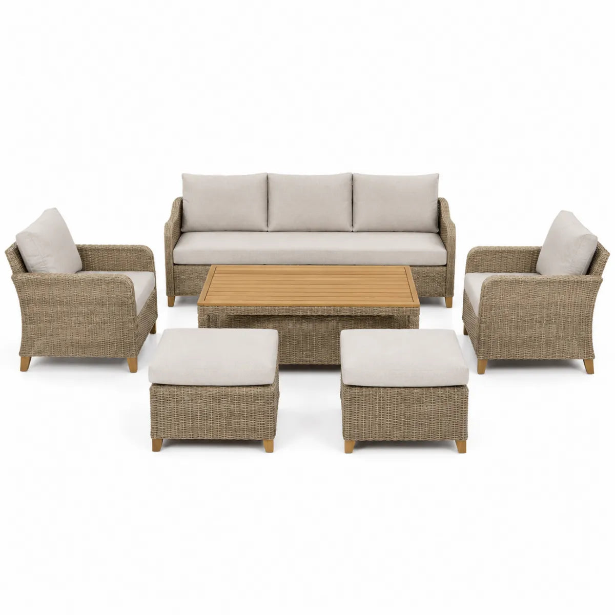 Zestaw mebli ogrodowych z technorattanu i drewna teak - sofa, fotele, pufy i stolik kawowy