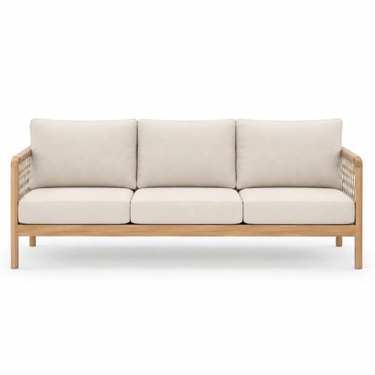 Trzyosobowa sofa zewnętrzna teakowa beżowa z poliestrem
