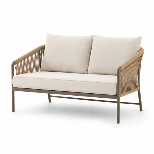 Dwuosobowa sofa z plecionką beżowa stalowa rama 180x80x75cm