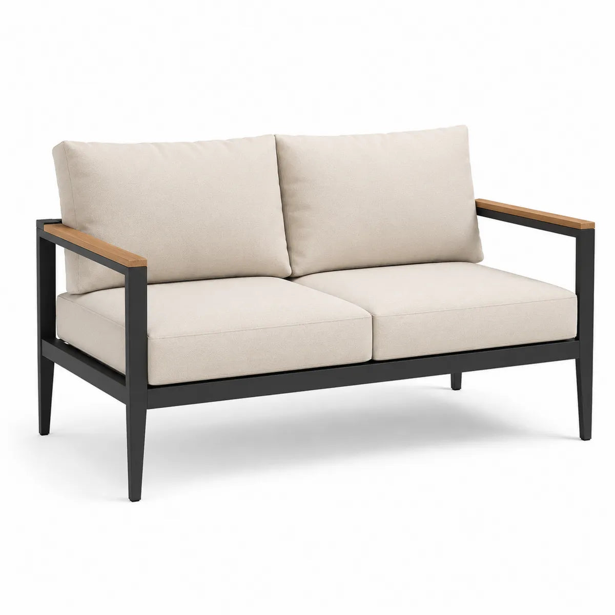 Dwuosobowa sofa aluminiowa z kremowymi poduszkami