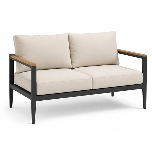Dwuosobowa sofa aluminiowa z kremowymi poduszkami