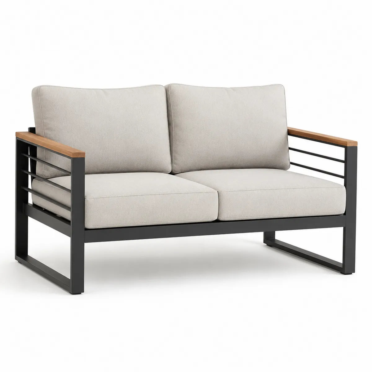 Dwuosobowa sofa z aluminiowym stelażem i poduszkami z beżowego poliestru
