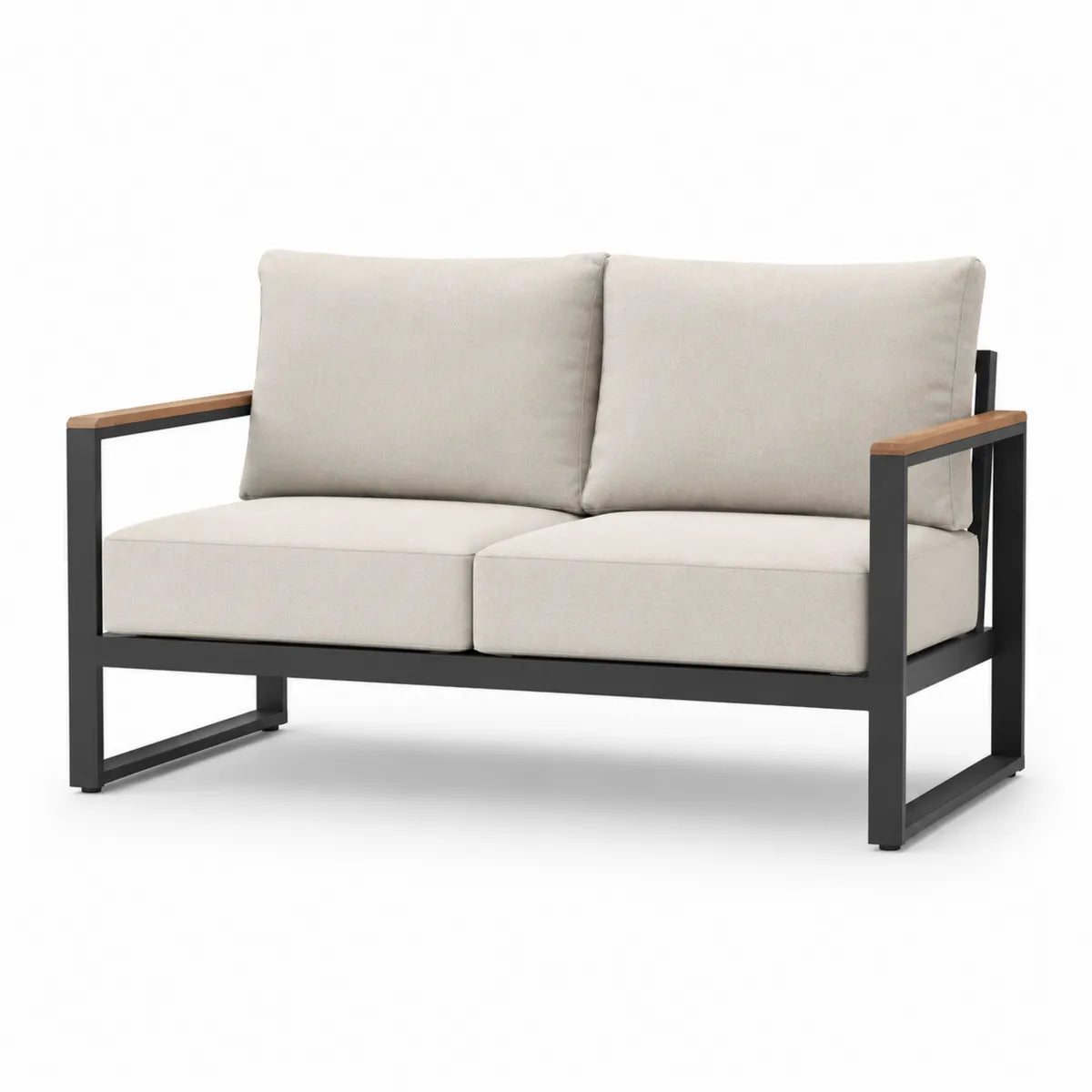 Dwuosobowa sofa aluminiowa z podłokietnikami z drewna tekowego, tkanina poliestrowa szaro-beżowa