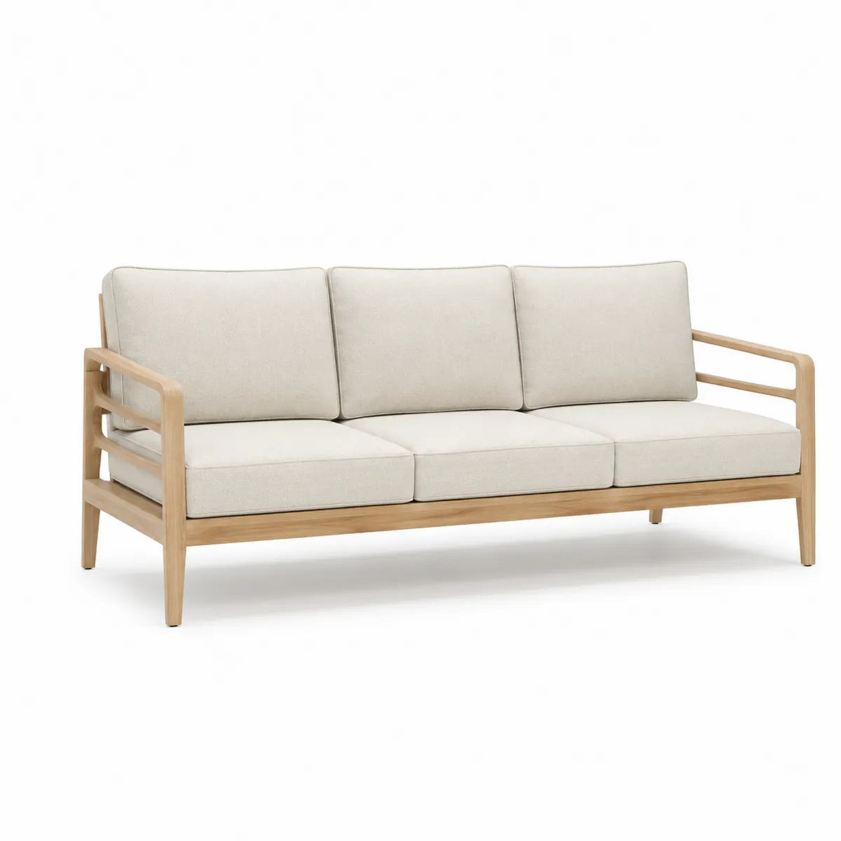 Sofa drewniana trzyosobowa z tkaniną beżowa