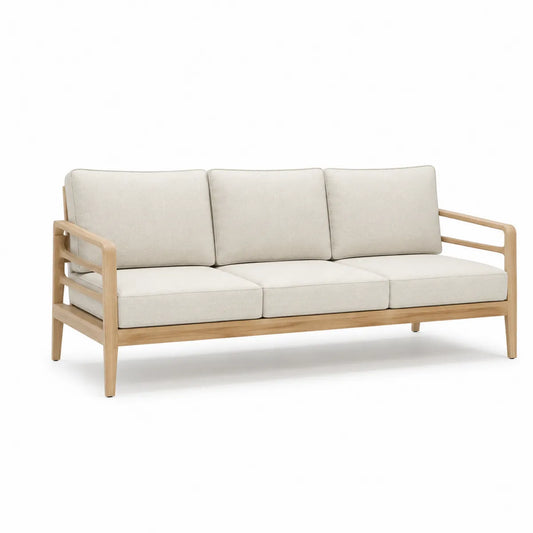 Sofa drewniana trzyosobowa z tkaniną beżowa