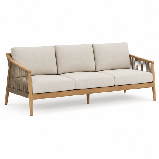 Drewniana sofa z drewna tekowego z beżowymi poduszkami 180 cm