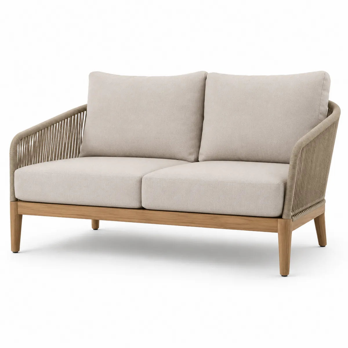 Dwuosobowa sofa ogrodowa z drewna i sznurka, beżowa