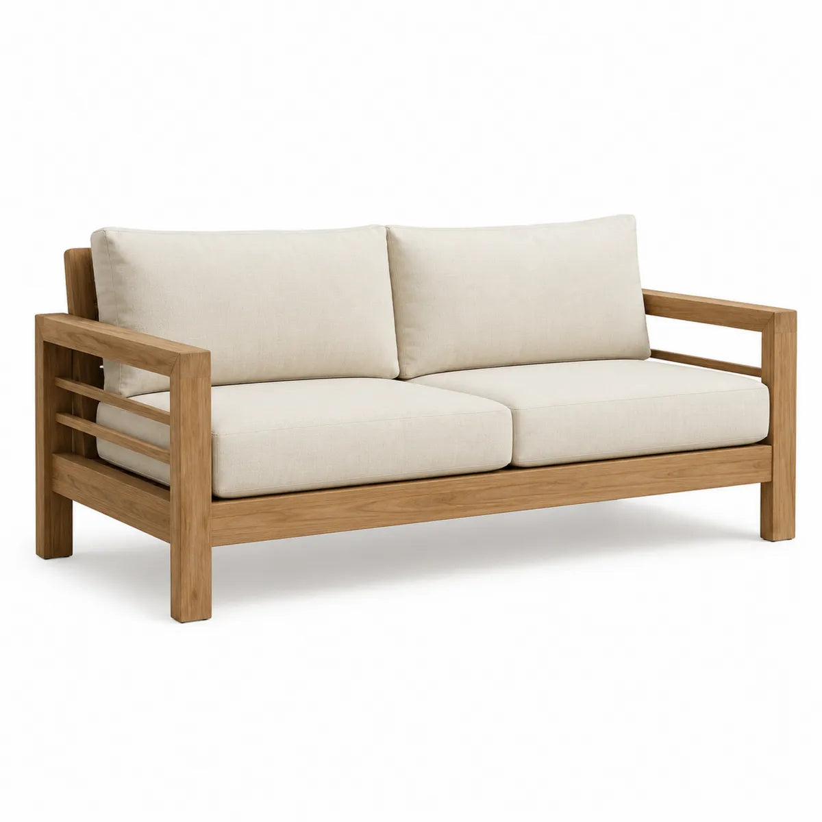 Sofa drewniana z beżowymi poduszkami 200cm