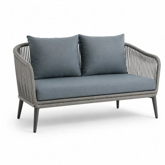 Sofa ogrodowa z aluminium i liny poliestrowej z szarymi poduszkami