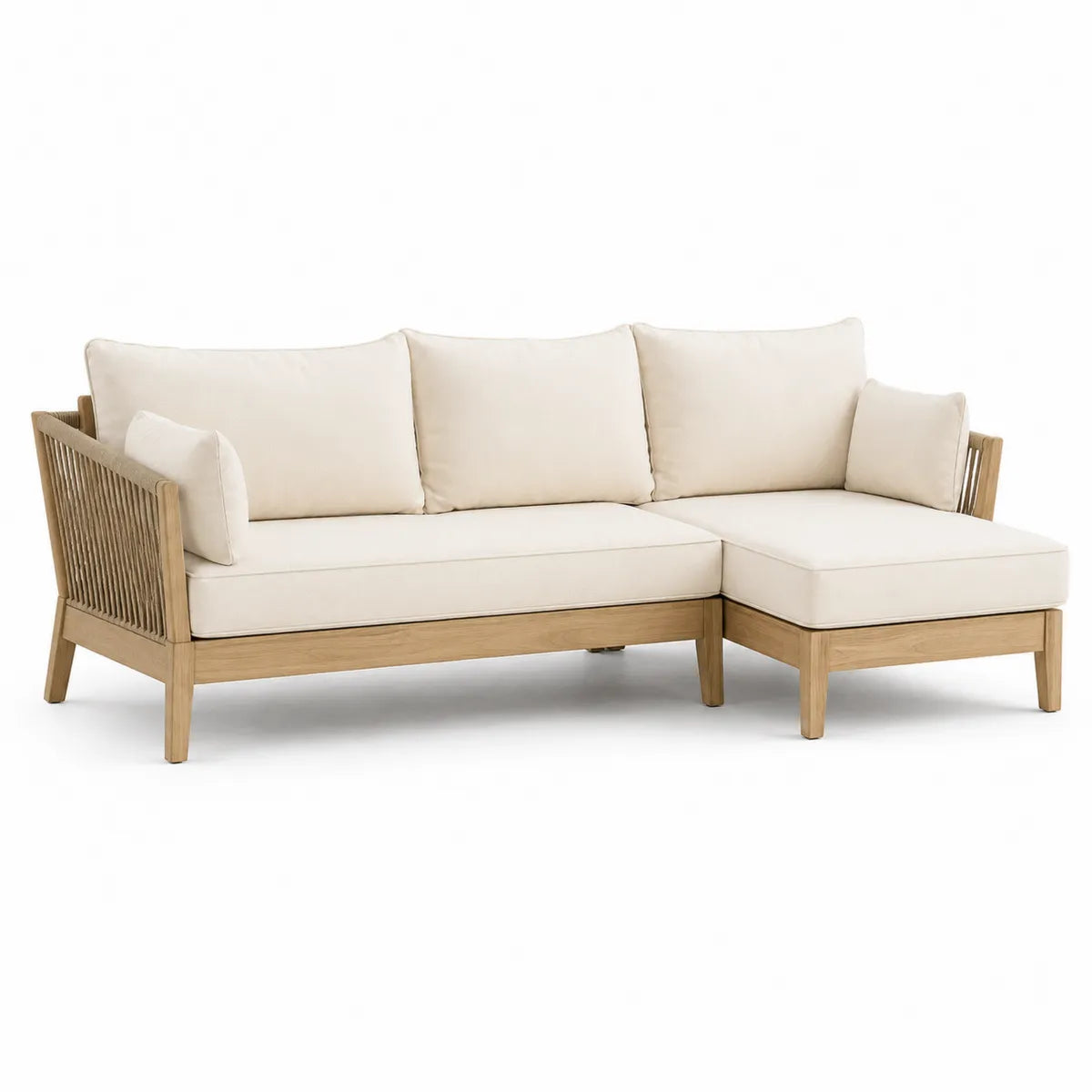 Sofa narożna drewniana z beżowymi poduszkami