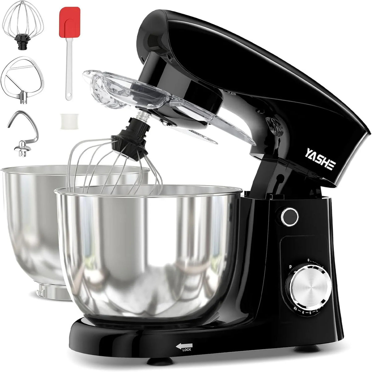 Robot kuchenny, 1500 W, 4,5 l, Mikser stojący YASHE 1500 W, 4,5 + 5l misy ze stali nierdzewnej, ponad 10 prędkości, głowica uchylna