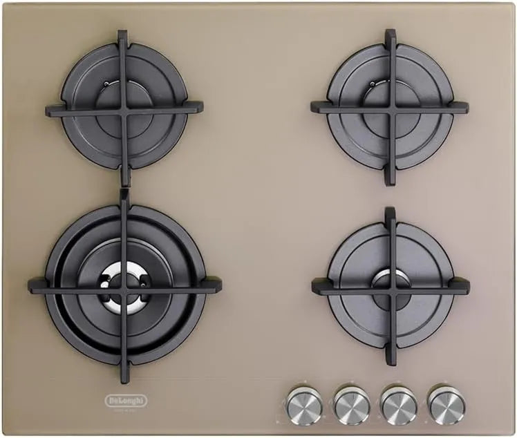 De'Longhi płyta grzewcza, Od 'Longhi 4 palniki 1 podwójna korona, NSL 460 T 60 Cm, hartowane szkło, odlewane żelazne kraty, szczotkowane metalowe guziki, kolor kreta, linia życia