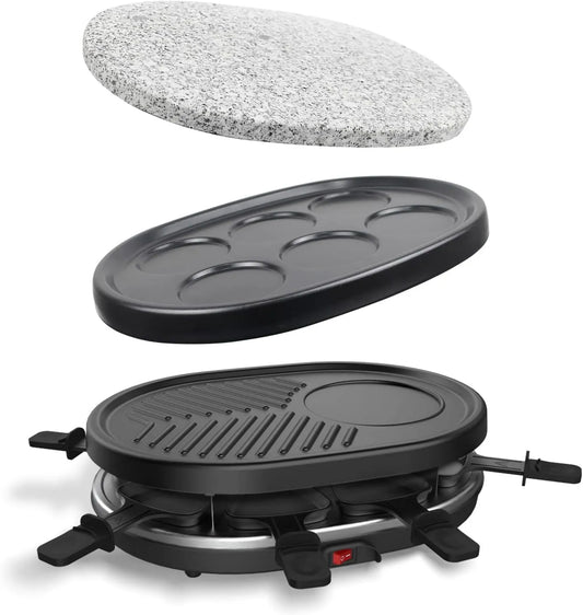 Leogreen, Zmywarka, 900 W, grill, powłoka non- stick, Raclette 4 in 1, naturalny kamienny talerz, 8 Patelni uchwytów