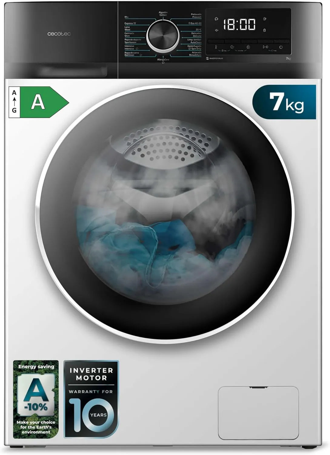Cecotec pralka, Bolero DressCode 7150, 12 programów, 7 kg, klasa energetyczna A, blokada, Inwerter, para Max, 1400 tr, min, Drum Clean
