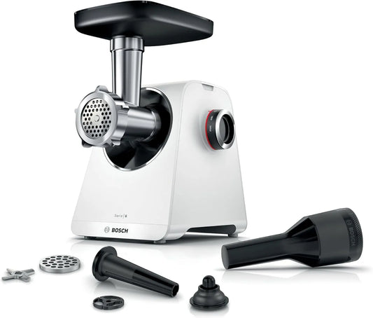 Bosch MFWS607W, 3,5 kg, 2100 W, maszynka do mięsa seria 6, 2 tarcze perforowane, popychacz do kiełbasy, nasadka do kebbe, przekładnia planetarna