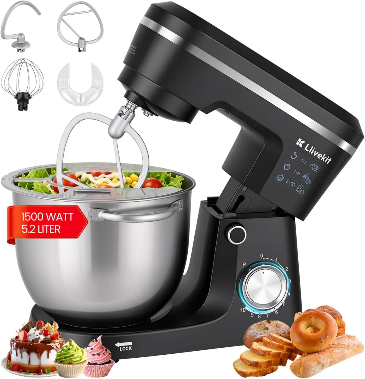 LLIVEKIT mikser planetarny, Robot, 5.2 l, 1500 W, ciasto, stal nierdzewna, 10 prędkości, funkcja grzewcza, do domu Pastry