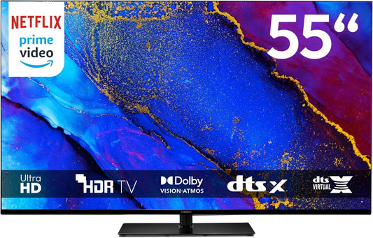 MEDION telewizor, Google Smart TV, 55 cali, TV, 4K UHD, HDR, dźwięk Dolby, Bluetooth, nagrywanie PVR, MD 855400, Dolby Atmos, 138, DTS X, 8 cm, kompatybilne