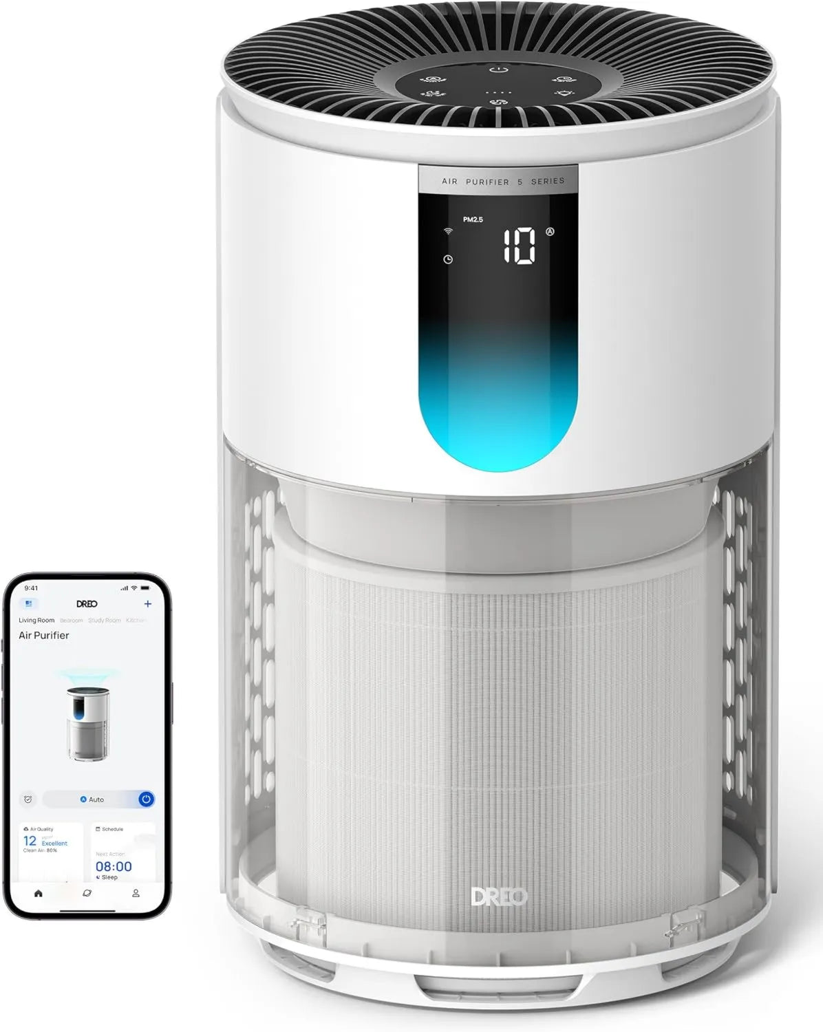 DREO oczyszczacz powietrza, Monitor, 18 dB, HEPA 3 -in-1, Wi-Fi, do 55 m², Czujnik PM2, filtr -in-1, Certyfikat AHAM 3 w 1