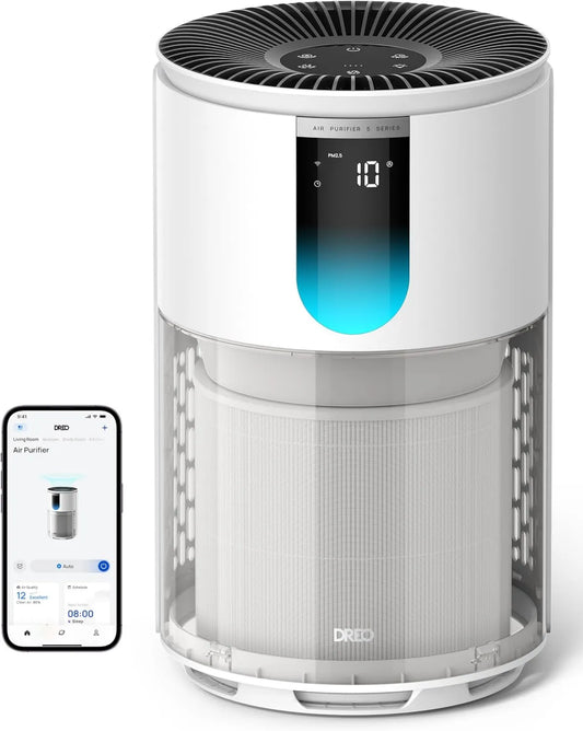 DREO oczyszczacz powietrza, Monitor, 18 dB, HEPA 3 -in-1, Wi-Fi, do 55 m², Czujnik PM2, filtr -in-1, Certyfikat AHAM 3 w 1