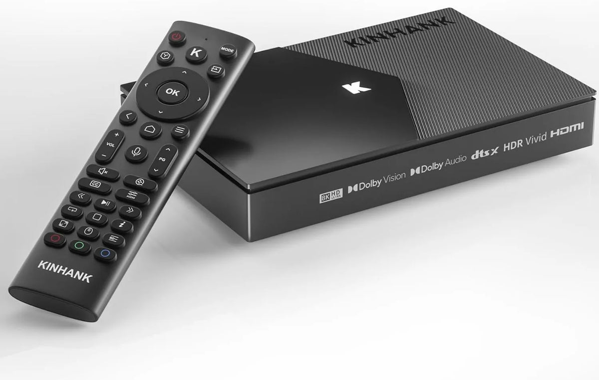 Kinhank, Smart TV 4 + 64 G WiFi6, BT5.2, 1000M, TV, HDR, HDMI, USB, WiFi, Android OS, LAN, 8K @ 60fps BD ISO, Optyczne, Plakatowe ściany, Widevine L1, HDR10 +