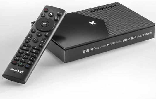 Kinhank, Smart TV 4 + 64 G WiFi6, BT5.2, 1000M, TV, HDR, HDMI, USB, WiFi, Android OS, LAN, 8K @ 60fps BD ISO, Optyczne, Plakatowe ściany, Widevine L1, HDR10 +