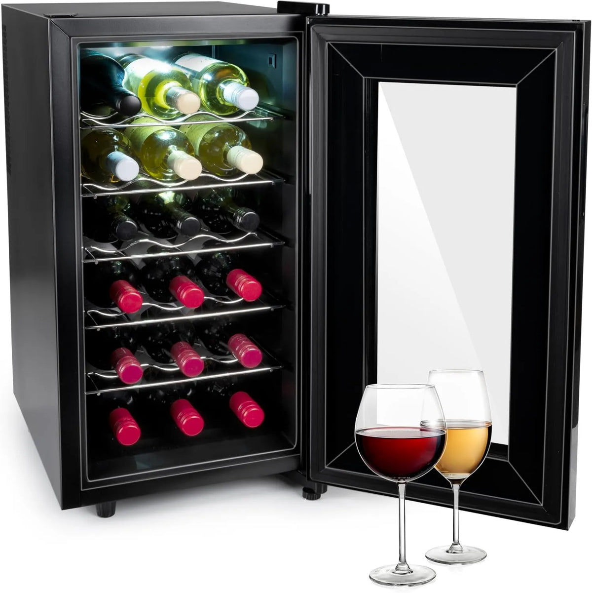 alpina chłodziarka do wina, Piwnica elektryczna do wina Butelki, 50 l, 18 butelek, 11 do 22°C, 230 V, 2 strefy temperaturowe, szkło, czarny
