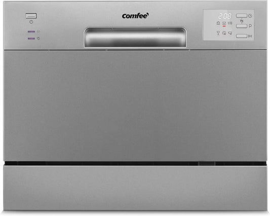 Comfee zmywarka kompaktowa, Zmywarka, 6 programów, 47 dB, 'CDWMT0602ESD- EU, srebro, Cycle H- TEMP 70°C, LED ekran, 6 sztućce, Inny start, Auto otwarcie CDWMT0602ESD-EU